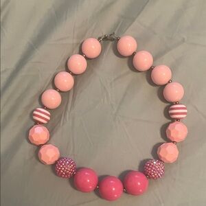 Pink Chunky Bead Statement Necklace with Striped and Rhinestone Accents